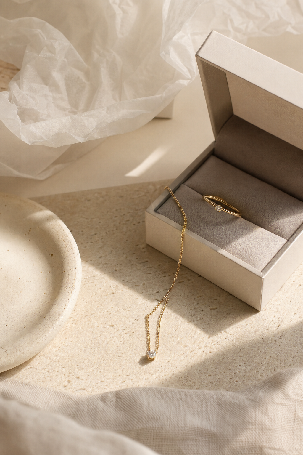 SEORA gift-ready gold jewelry still life